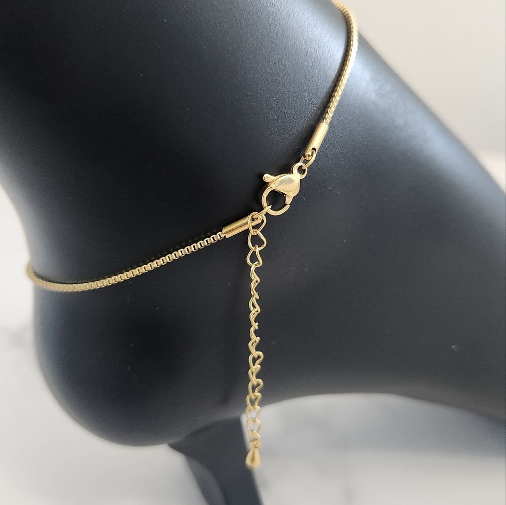 Gold Plates Beaded Anklet Bracelet with Emerald Green Heart Charm - Picture 10 of 14